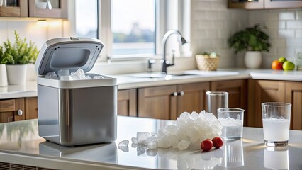 Poster - Modern kitchen with a countertop ice maker and glasses of ice.