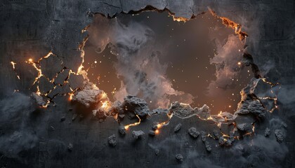 background of a concrete wall with a hole from an explosion.