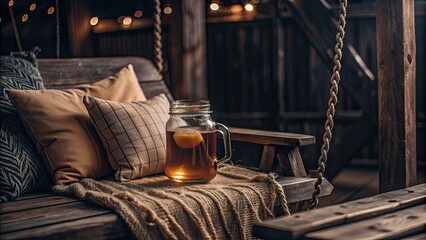 Canvas Print - Rustic porch with a cozy swing and a jar of iced tea.