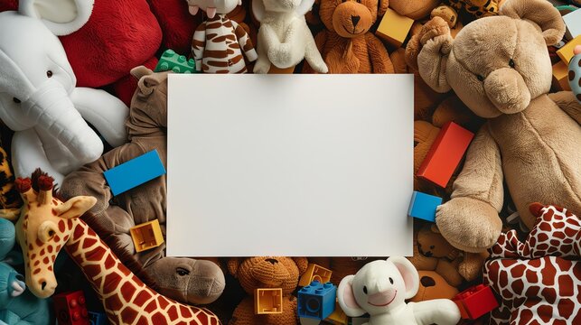 Blank white card surrounded by stuffed animals and toy blocks.