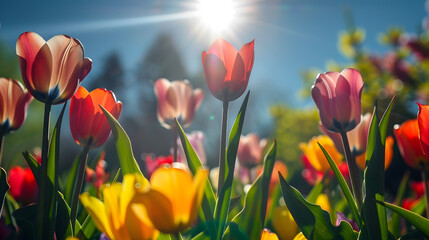 Wall Mural - bright sunny day in may with tulip field in various colors : Generative AI