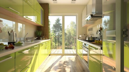 Wall Mural - Modern kitchen with green cabinets and a clean, simple design. Created using 3D software.