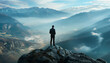 © StellaPattaya - a man stands on the mountain and looks into the distance wearing business clothes , motivation for success, coach, personal growth, career growth, back view businessman on top of wealth and success