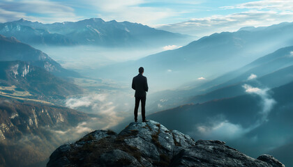 a man stands on the mountain and looks into the distance wearing business clothes , motivation for success, coach, personal growth, career growth, back view businessman on top of wealth and success