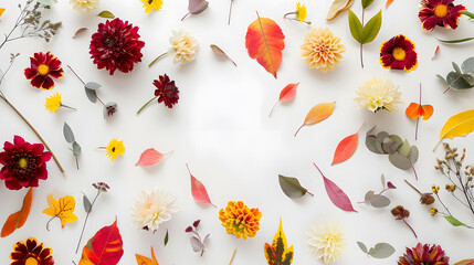 Wall Mural - Autumn floral composition Frame made of fresh flowers on white background Autumn fall concept Flat lay top view copy space : Generative AI