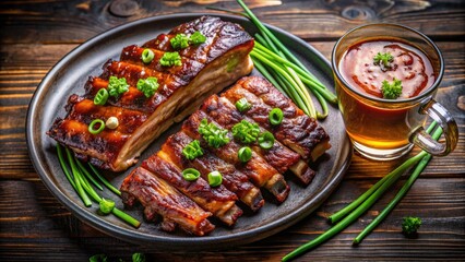 Canvas Print - Plate of grilled ribs with barbecue sauce and green onions.