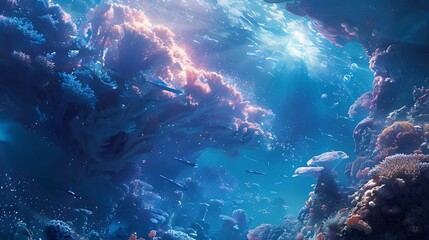 Underwater scene with coral reef, fishes and sunlight. 3d illustration generative AI
