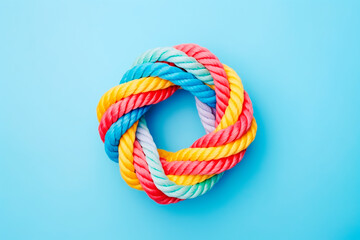 Wall Mural - colorful ropes tied together on light blue background, space for text, unity concept	