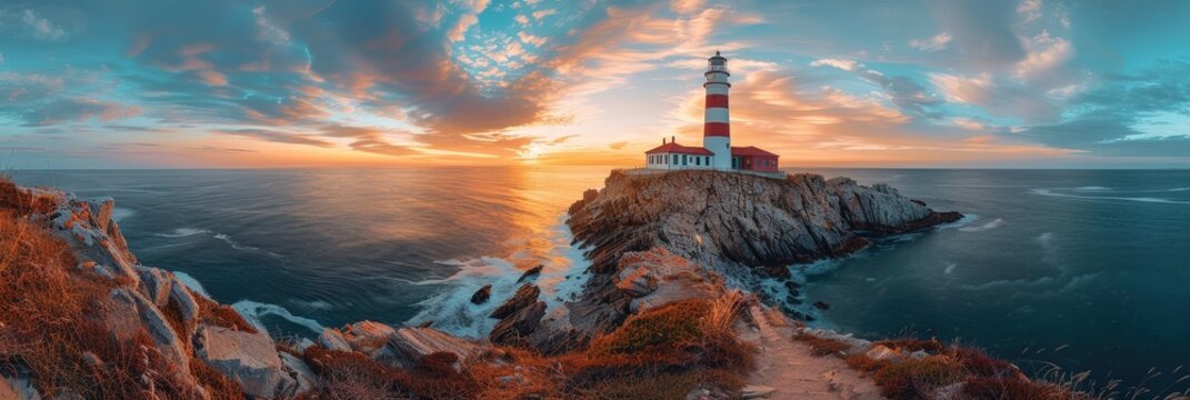 Lighthouse on a Rocky Coast at Sunset