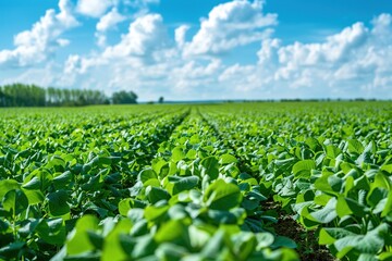 Canvas Print - A vast field of green soya plants under the blue sky, representing agricultural innovation and technology in modern agriculture