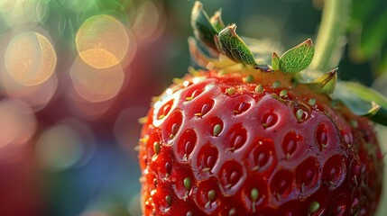 Wall Mural - A detailed macro shot of a ripe strawberry, showcasing the tiny seeds and luscious red texture, with a soft-focus background of a strawberry patch