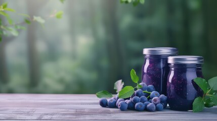 Wall Mural - Jars of plum jam are lined up on a rustic wooden table with fresh plums and cherries scattered around, capturing a homemade, country feel.