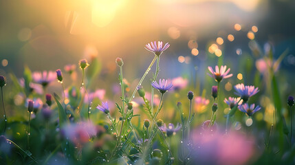 Poster - Morning summer or spring Beautiful wildflowers with dew drops at dawn light blur selective focus Shallow depth of field : Generative AI