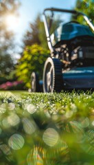 Wall Mural - Eco-Friendly Lawn Mower Close-Up Demonstrating Biodegradable Materials for Sustainable Gardening