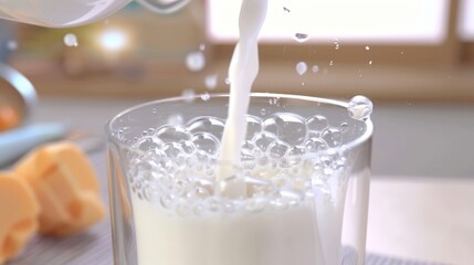 Wall Mural - Close up of a milk stream being poured into a glass with fine details of bubbles and texture capturing freshness