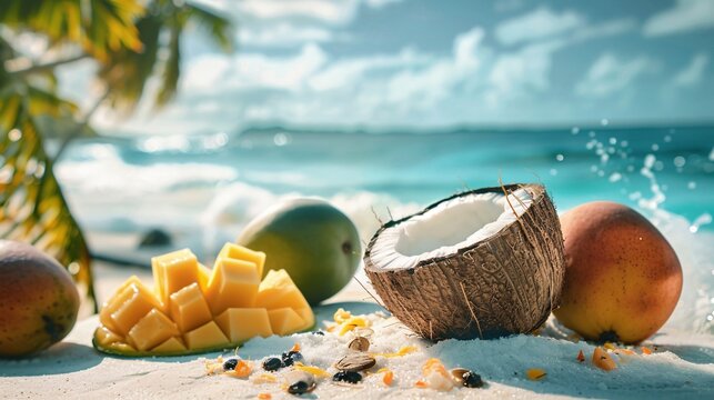 A tropical beach scene with a coconut cut in half, revealing its fresh white flesh, surrounded by other tropical fruits like mangoes and papayas