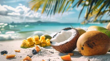 Wall Mural - A tropical beach scene with a coconut cut in half, revealing its fresh white flesh, surrounded by other tropical fruits like mangoes and papayas