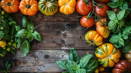 Wall Mural - A vibrant display of heirloom tomatoes, with a variety of colors and shapes, arranged on a rustic wooden table with basil leaves