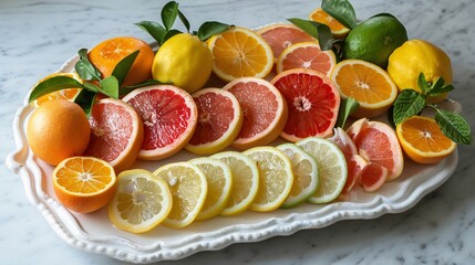 Wall Mural - An array of citrus fruits like lemons, limes, oranges, and grapefruits, sliced and arranged on a white ceramic platter, with their vivid colors and textures highlighted