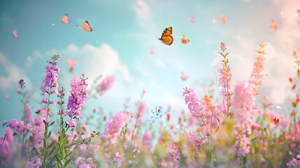 Aufkleber - Floral spring natural landscape with wild pink lilac flowers on meadow and fluttering butterflies on blue sky background Dreamy gentle air artistic image Soft focus author processing : Generative AI