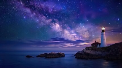 Wall Mural - Cliffside lighthouse beneath a starry sky, Photography, Peaceful and enchanting night landscape