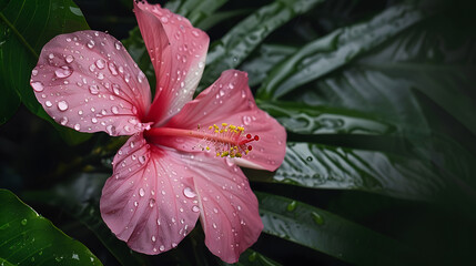 Poster - A delicate pink tropical flower glistens with water droplets against a dark green backdrop showcasing the beauty of nature in this closeup image : Generative AI