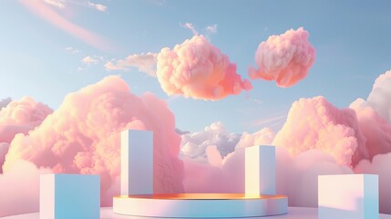Soft, pastel-colored podium for placing products outdoors. The sky is blue with pink and gold clouds, creating a dreamy and summery atmosphere.
