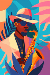 Poster - Musician playing saxophone in a tropical setting, vibrant colors, lively atmosphere, jazz culture, captivating audience with melodic rhythm