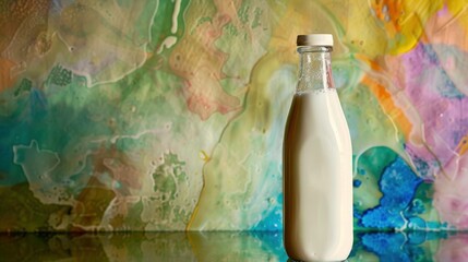 Wall Mural - Studio shot of a milk bottle on a reflective surface with clean lines and precise details ideal for product photography