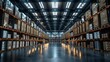 © tinnakorn - A spacious warehouse with high ceilings and rows of stacked boxes. The floor is clean and reflective, and the lighting is bright.