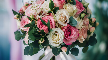 Wedding flowers bridal bouquet closeup Decoration made of roses peonies and decorative plants closeup selective focus nobody objects : Generative AI