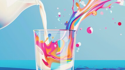 Wall Mural - Graphic illustration of milk being poured into a glass with abstract shapes and vibrant colors blending for a unique effect
