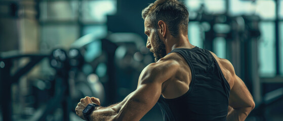 Wall Mural - muscular man in black tank top, looking at smartwatch on his wrist while standing inside gym with blurry background.