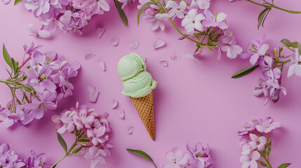 Wall Mural - Purple flowers and green icecream cone on pink background Flat lay : Generative AI