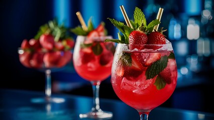 Wall Mural - Red cocktail with ice and mint bar concept strawberry mojito with mint and ice on the blue background selective focus image