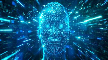 Blue face in cyberspace made with binary code. Embodiment of artificial intelligence. Futuristic technology background