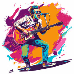 A man is playing a guitar and singing. He is wearing sunglasses and has a microphone. The background is colorful and has splatters of paint in retro comic style.