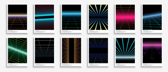 Wall Mural - Collection of bright abstract retro posters, templates, placards, brochures, banners, backgrounds, flyers - fashion design 80 - 90s. Futuristic neon grid covers with perspective - retro digital cards