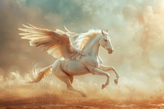 A majestic white Pegasus with large, feathery wings takes flight against a backdrop of golden clouds