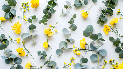 Wall Mural - Flowers composition Pattern made of yellow flowers and eucalyptus branches on white background Flat lay top view copy space : Generative AI