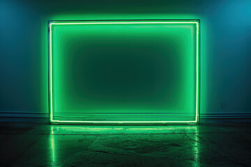 Poster - Vivid green neon light shines brightly in a dimly lit room, adding grunge style. The square frame creates a glowing effect on the dark wall, giving a modern feel