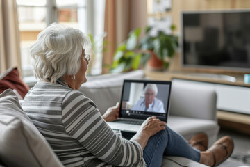 Elderly woman is sitting on her couch, having a video call with a doctor on her laptop