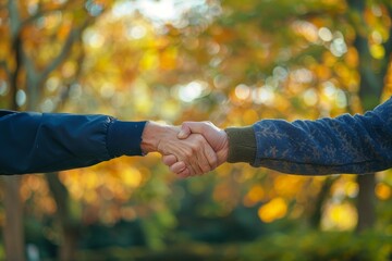 Men in park fist bump, showing unity with thank you emoji in outdoor setting, symbolizing solidarity