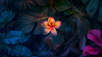 Aufkleber - colorful flower on dark tropical foliage nature background : Generative AI