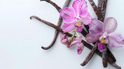Poster - Vanilla pods and orchid flower isolated on white background Vanilla sticks closeup : Generative AI
