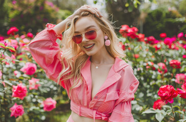 Wall Mural - a fashion shoot of happy blonde woman in pink sunglasses with rose flowers on her hair, wearing oversized magenta shirt and large round glasses