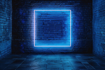 Poster - Bright blue neon light is forming a square shape on a brick wall in a dark room with a tile floor