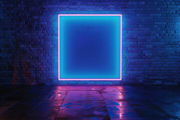 Poster - Blue neon sign glowing on a dark brick wall in an empty urban street at night, creating a vibrant and modern atmosphere