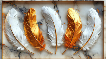 panel wall art, wall decoration, marble background with feather designs