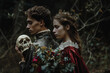 © Ostrich - A man dressed as Prince Hamlet holding a skull and a woman in a royal red dress and crown as Ophelia. Shakespeare play cosplay costume idea.